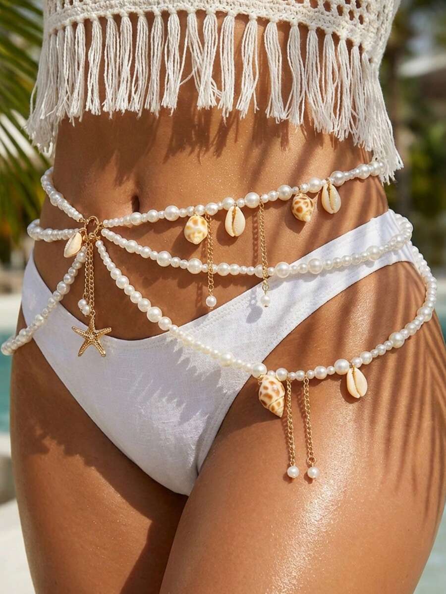 Body Jewelry Waist Chains - Three-layer beaded waist chain with pearls